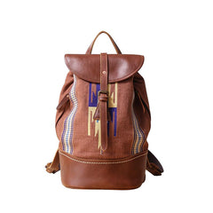 Brown Emroidered Canvas Leather Mens Women Large 14'' College Backpack Travel Backpack for Men - imessengerbags