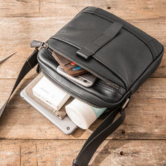 Black Cool Leather Mens Small Shoulder Bags Vertical Messenger Bags Square Phone Bag for Men