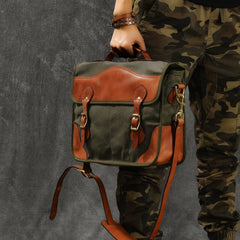 Canvas Leather Mens 14‘’ Army Green Briefcase Side Bag Retro Messenger Bag Shoulder Bag For Men - imessengerbags