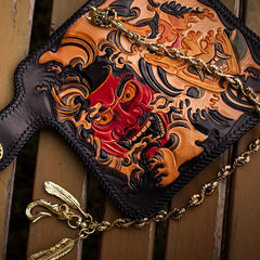 Handmade Leather Tooled Prajna Mens Chain Biker Wallet Cool Leather Wallet With Chain Wallets for Men - imessengerbags
