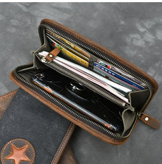 Brown Canvas Mens Long Wallet Zipper Green Clutch Phone Wallet For Men - imessengerbags