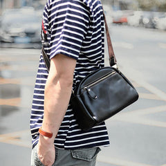 Black Leather Mens Casual Small Saddle Courier Bags Messenger Bag Coffee Brown Postman Bags For Men - imessengerbags