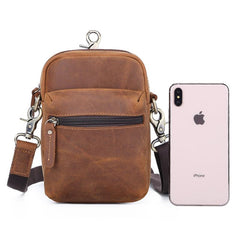 Brown Leather Small Waist Bag Belt Pouch Vertical Mini Shoulder Bag Belt Bag Side Bag For Men