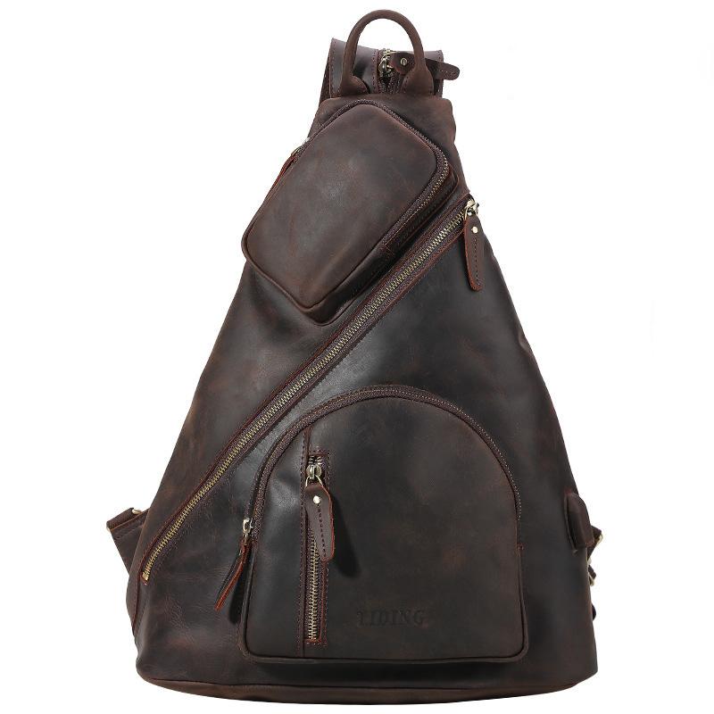 Vintage Large Brown Leather Men's Sling Bag Chest Bag One Shoulder Backpack For Men - imessengerbags