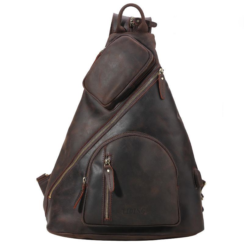 Vintage Large Brown Leather Men's Sling Bag Chest Bag One Shoulder Backpack For Men