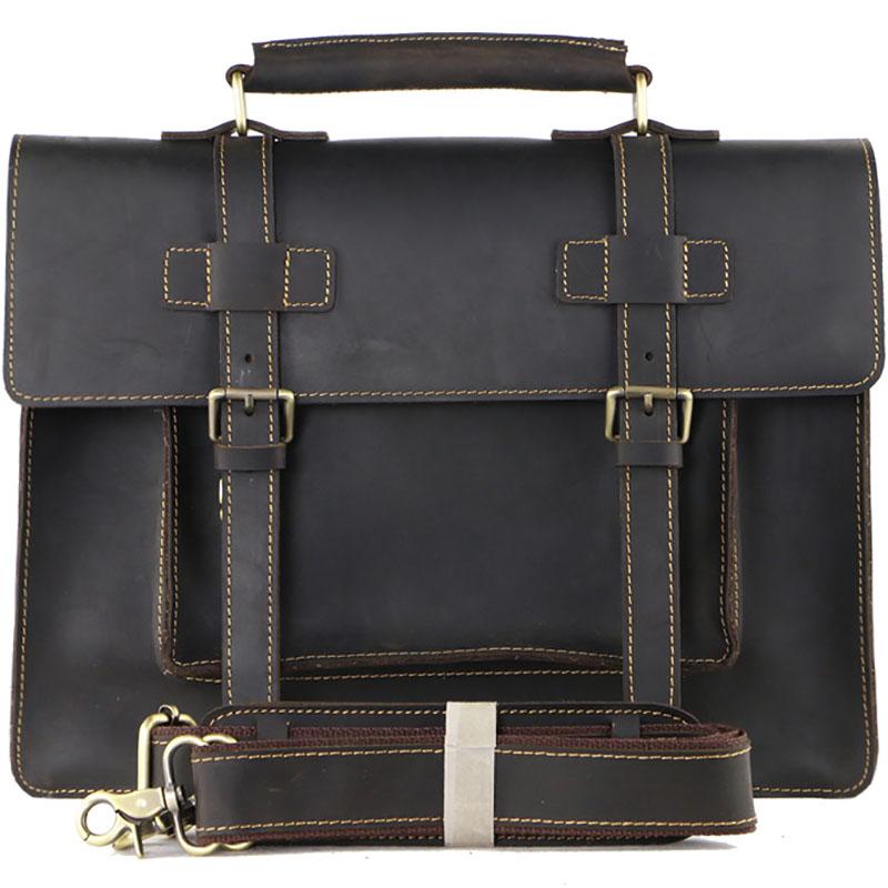 Vintage Black Mens Leather Briefcases Work Handbags Brown 14'' Computer Briefcase For Men - imessengerbags