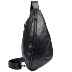 Black Leather Mens 8 inches Cool Sling Bags Crossbody Pack Black Chest Bag One Shoulder Pack for men