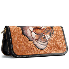 Handmade Leather Mens Clutch Wallet Cool Floral Tiger Tooled Wallet Long Zipper Wallets for Men - imessengerbags