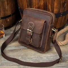 Casual Dark Brown Leather Mens Mini Vertical Messenger Bag Small Side Bags Postman Bag for Men