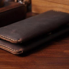 Handmade Leather Mens Cool Long Leather Wallet Bifold Clutch Wallet for Men