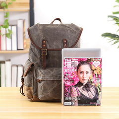 Waxed Canvas Leather Mens Army Green 15‘’ Large Backpack Travel Backpack College Backpack for Men - imessengerbags