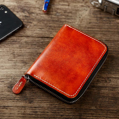 Handmade Cool Mens Leather Zipper Red Small Wallet Green Bifold billfold Wallet for Men