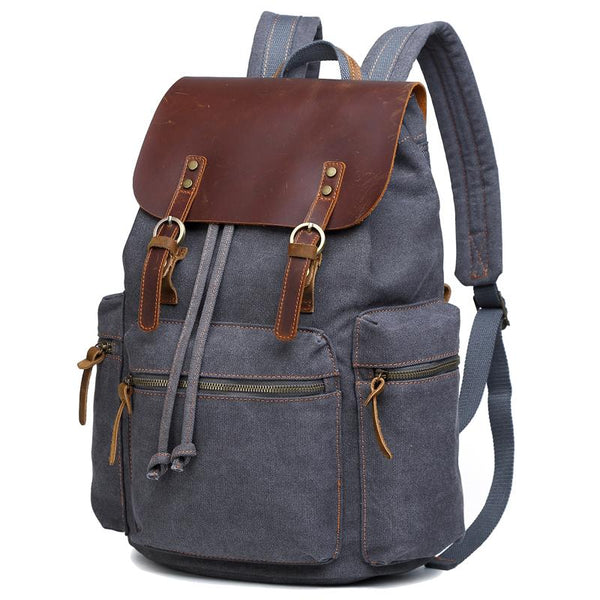 Canvas Leather Women Mens 16" Gray Travel Backpack Brown Computer Bag College Backpack for Men - imessengerbags