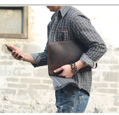 Vintage Business Leather Mens Brown Envelope Bag Document Purse Dark Brown Clutch For Men - imessengerbags