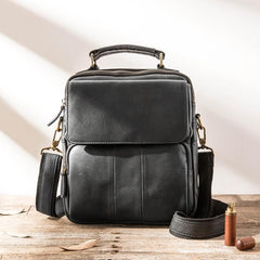 Black Leather Mens Vertical Small Briefcase Work Handbag Side Bag Business Shoulder Bag for Men - imessengerbags