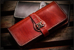 Handmade Leather Men Tooled Chinese Lion Cool Leather Wallet Long Phone Wallets for Men - imessengerbags