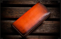 Handmade Leather Mens Cool Long Leather Wallet Zipper Clutch Wallet for Men