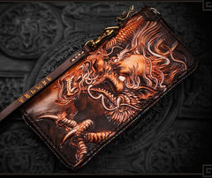 Handmade Leather Tooled Chinese Dragon Mens Chain Biker Wallet Cool Leather Wallet Long Phone Wallets for Men - imessengerbags