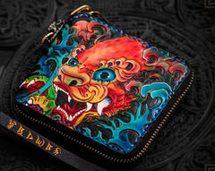Handmade Leather Chinese Lion Tooled Mens billfold Wallet Cool Chain Wallet Biker Wallet for Men - imessengerbags