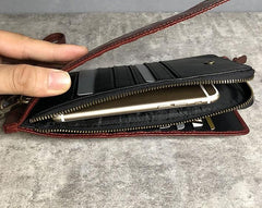Genuine Leather Mens Cool Long Leather Wallet Cards Phone Zipper Clutch Wristlet Wallet for Men - imessengerbags