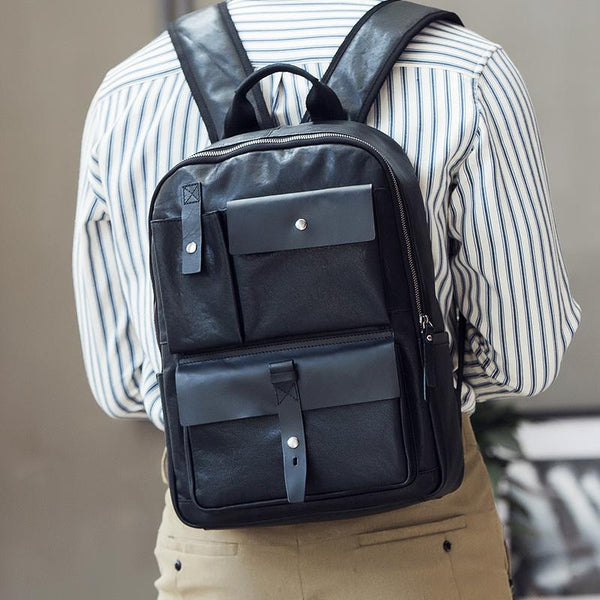 Casual Black Mens Leather School Backpacks Travel Backpacks 14-inch Laptop Backpack for men - imessengerbags