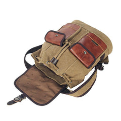 Fashion Canvas Leather Mens Khaki Backpack School Backpack Black Canvas Travel Backpack For Men - imessengerbags