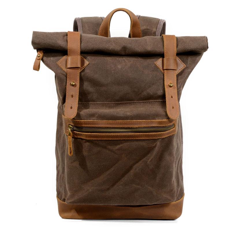 Coffee Waxed Canvas Leather Mens Cool Backpack Canvas Travel Backpack Canvas School Backpack for Men