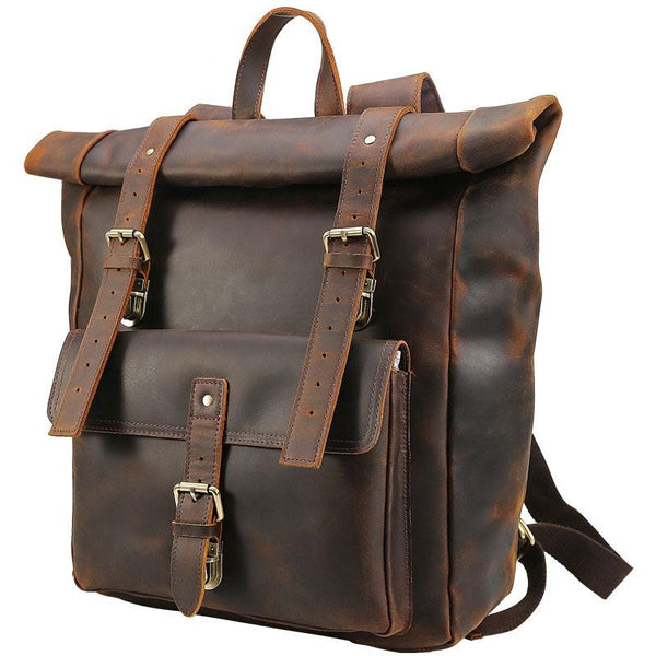 Cool Leather Coffee Rolltop Mens Backpacks Travel Backpack Vintage Backpack for Men - imessengerbags