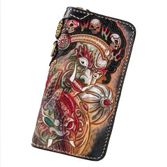 Handmade Leather Tooled Mahākāla Mens Chain Biker Wallet Cool Leather Wallet Long Clutch Wallets for Men - imessengerbags