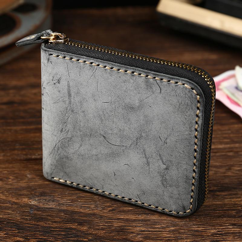 Retro Handmade Mens Zipper Black billfold Wallet Brown Bifold Card Wallet Small Wallet For Men