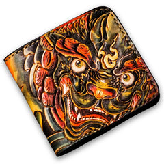 Handmade Leather Chinese Lion Tooled Mens billfold Wallet Cool Leather Wallet Slim Wallet for Men - imessengerbags