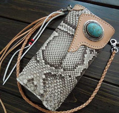 Handmade Leather Biker Wallet Mens Cool Chain Trifold Wallet Trucker Wallet with Chain