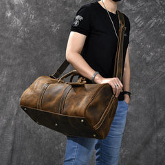 Retro Brown Leather Men's Business Overnight Bag Large Travel Bag Coffee Duffel Bag Weekender Bag For Men