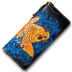 Handmade Leather Men Tooled Carp Cool Leather Wallet Long Phone Wallets for Men - imessengerbags