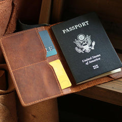 Casual Brown Handmade Leather Mens Bifold Passport Holder Travel Wallet Holder For Men - imessengerbags