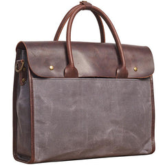 Mens Gray Canvas Leather Briefcase Handbag Work Bag Business Bag for Men