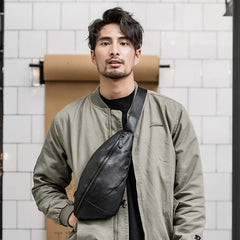 Black Cool Leather Mens Sling Bag Chest Bag Black Sling Pack One Shoulder Backpack for Men - imessengerbags