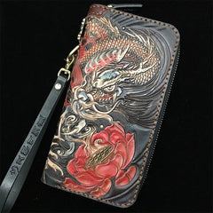 Black Handmade Tooled Brave troops Leather Long Biker Wallet Chain Wallet Clutch Wallet For Men