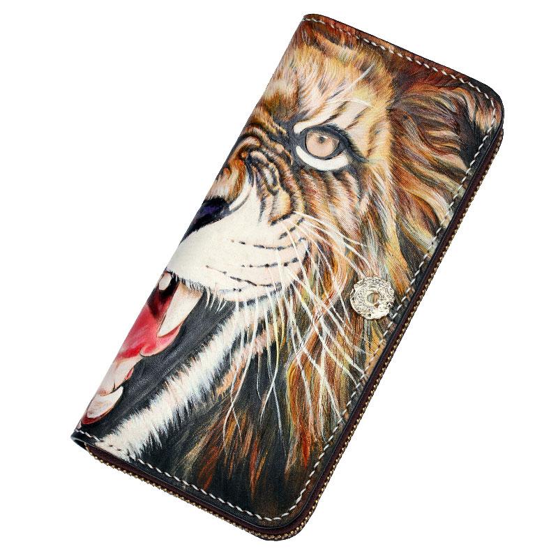 Handmade Leather Tooled Tiger Mens Chain Zipper Biker Wallet Cool Leather Wallet Long Phone Wallets for Men