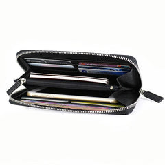 Black Mens Leather Zipper Long Wallet Phone Long Bifold Wallet for Men