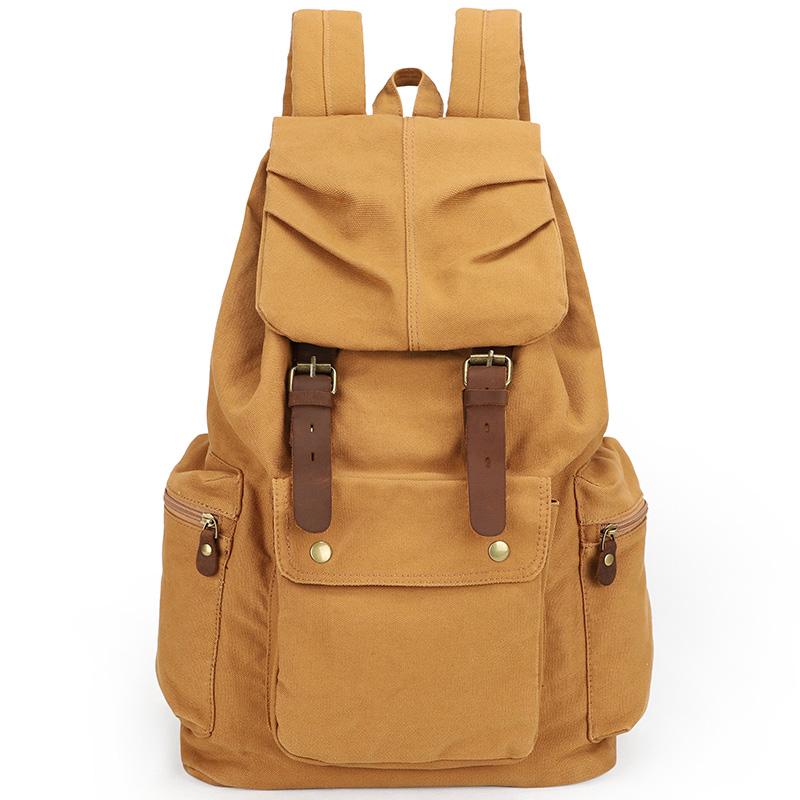 Canvas Leather Women Mens 14" Khaki Travel Backpack Green Computer Bag College Backpack for Men - imessengerbags
