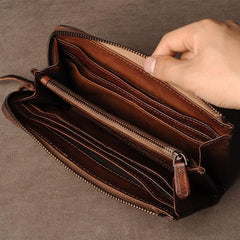 Genuine Leather Mens Cool Long Leather Wallet Cards Phone Zipper Clutch Wristlet Wallet for Men - imessengerbags