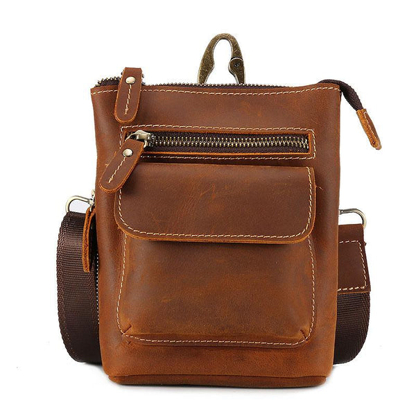 Cool Dark Brown Leather Mens Belt Pouch Mini Shoulder Bags Belt Bags For Men