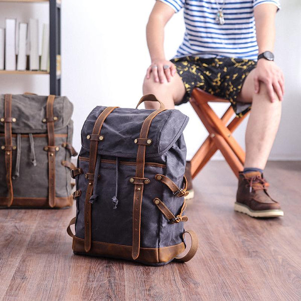 Cool Canvas Leather Mens Womens Dark Gray Backpack Army Green Travel Backpack College Backpack for Men - imessengerbags