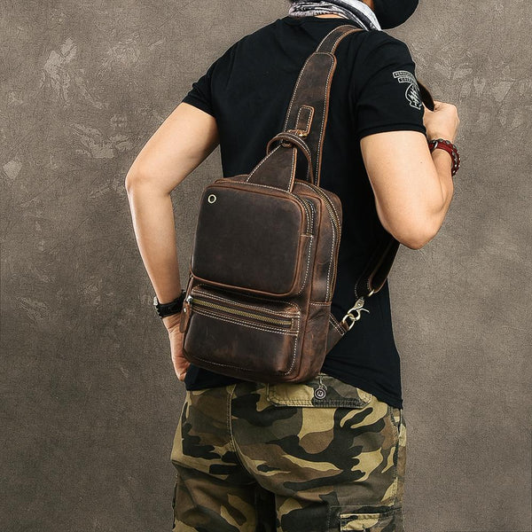 Cool Leather Mens 10" Brown Sling Bag Chest Bag Dark Coffee One Shoulder Backpack for Men