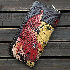 Black Handmade Tooled Leather Double Carp Clutch Long Wallet Zipper Wallet For Men - imessengerbags