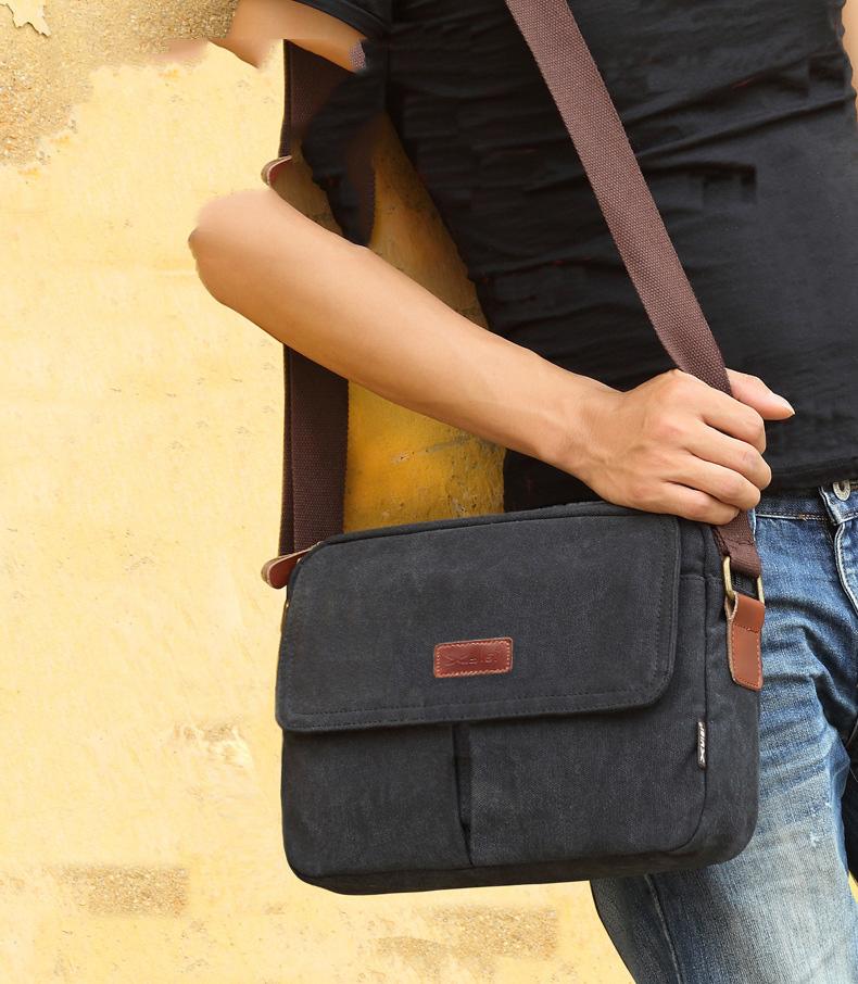 Cool Canvas Leather Mens Small Black Tablet Bag Shoulder Bag Gray Side Bag Messenger Bag for Men - imessengerbags