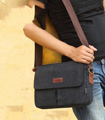 Cool Canvas Leather Mens Small Black Tablet Bag Shoulder Bag Gray Side Bag Messenger Bag for Men - imessengerbags