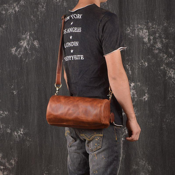 Light Brown Leather Mens Barrel Shoulder Bag Side Bag Messenger Bag For Men - imessengerbags