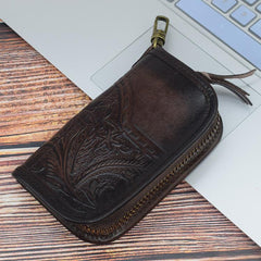 Vintage Embossed Brown Leather Men's Key Wallet Black Key Case Car Car Key Holder For Men - imessengerbags